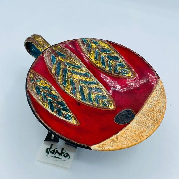 Danko Handmade Thrown Pottery Candle Holder Pedestal Base & Handle Leaf Design - Picture 9 of 11